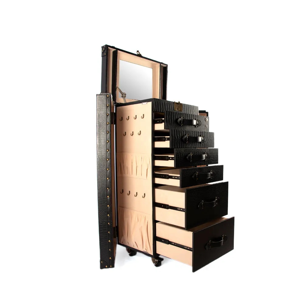 Artisan Big Size Jewellery Cabinet Matt Black Croco Black Leather