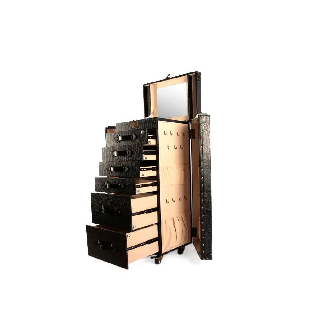 Artisan Big Size Jewellery Cabinet Matt Black Croco Black Leather