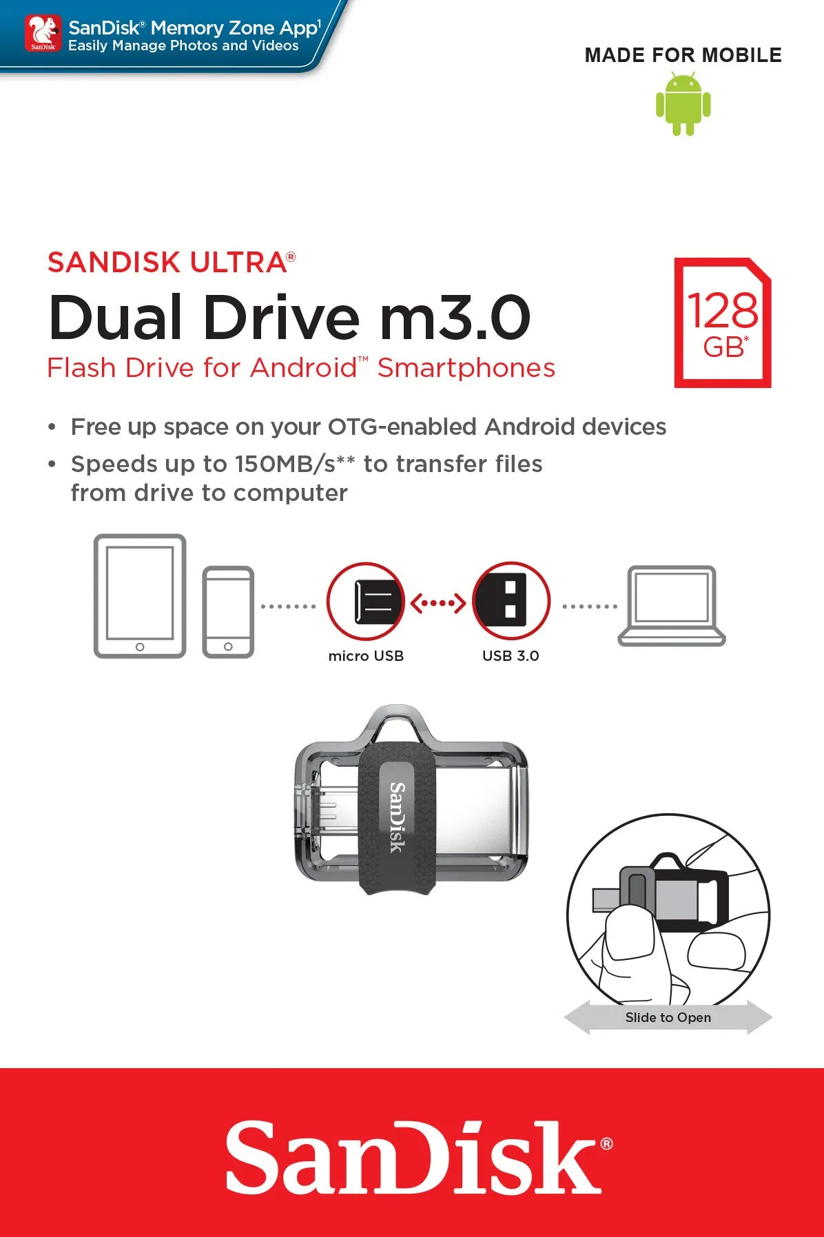 SanDisk Ultra Dual m3.0 USB flash drive 128 GB USB Type-A / Micro-USB 3.2 Gen 1 (3.1 Gen 1) Black, Silver, Transparent