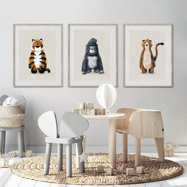 Tigercub Prints Neutral Jungle Safari Animal Nursery Prints (Set of 3)