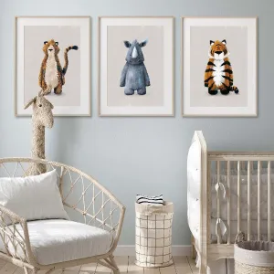 Tigercub Prints Neutral Jungle Safari Animal Nursery Prints (Set of 3)