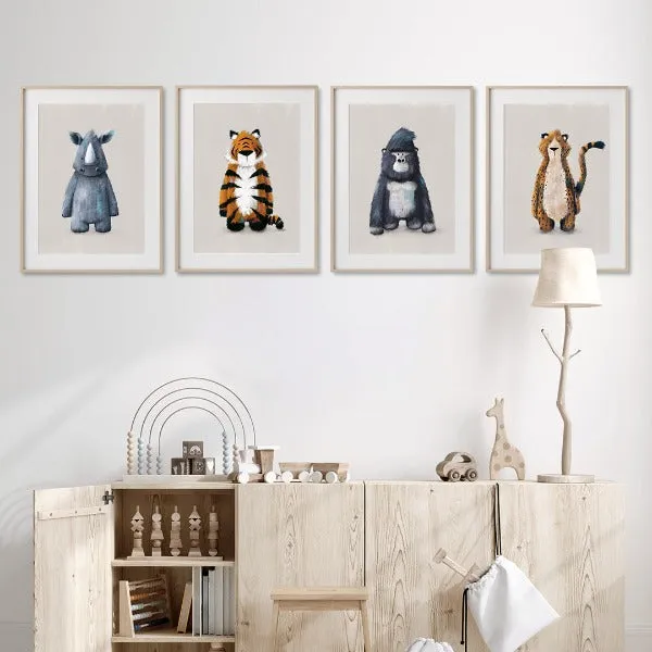 Tigercub Prints Neutral Jungle Safari Animal Nursery Prints (Set of 4)