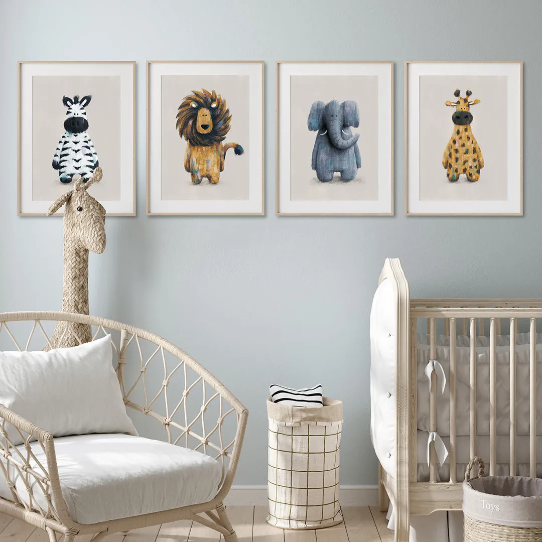 Tigercub Prints Safari Friends Set of 4 Nursery Prints (Neutral)