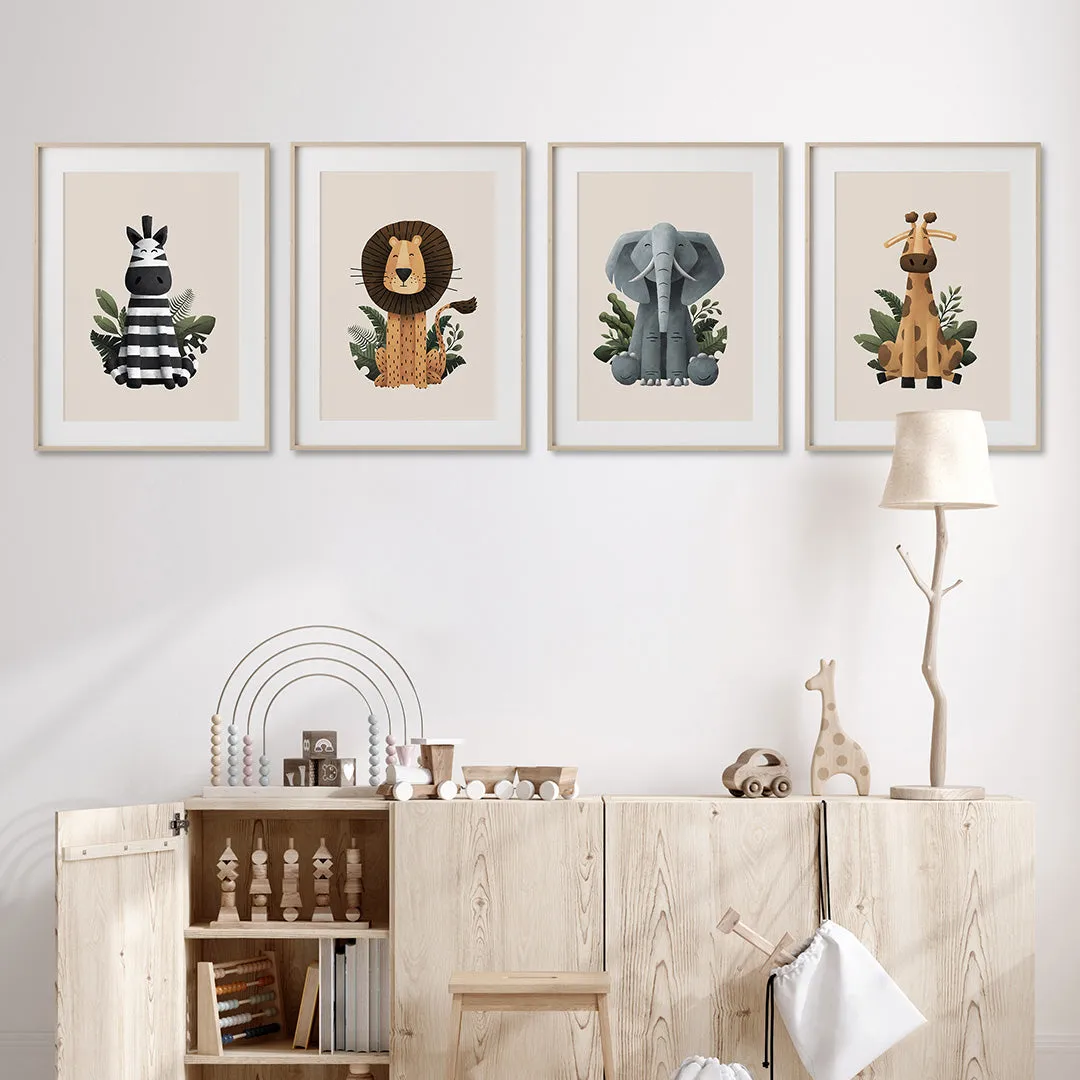 Tigercub Prints - Scandi Safari Animals Nursery Prints Set Of 4