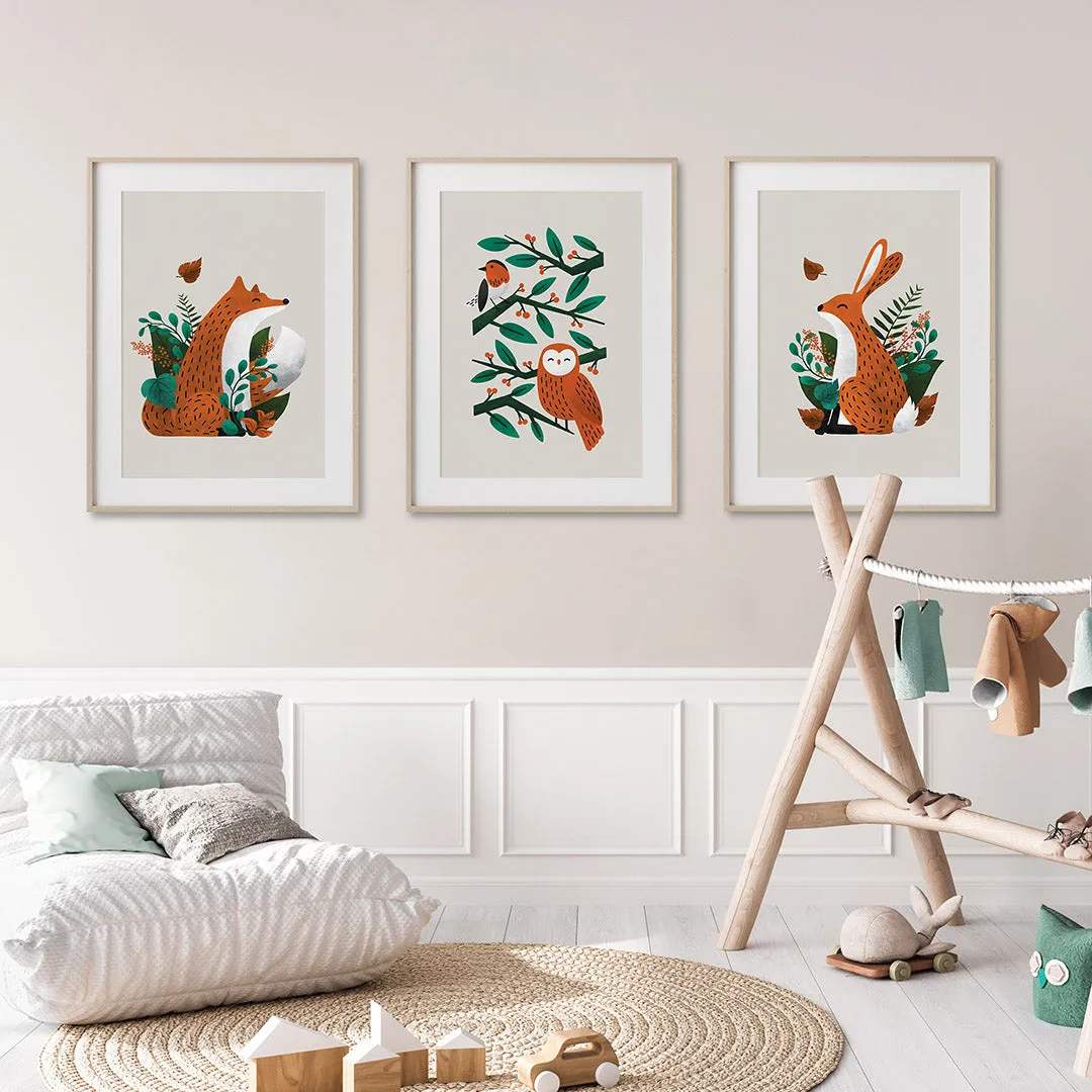 Tigercub Prints Woodland Friends - Fox, Owl and Hare Neutral Scandi Nursery Prints